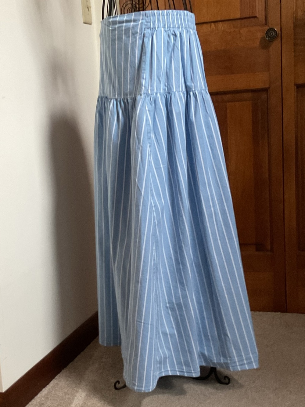 Kenneth Cole Light Blue and White Striped Midi Skirt